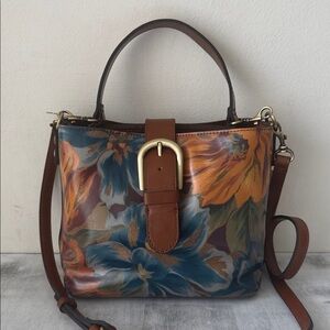 Patricia Nash Irving Bucket Handbag Leather Disstressed  Marigold Harvest Floral